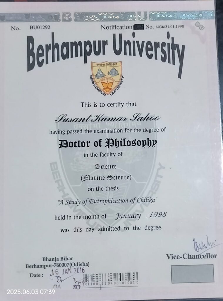 1998 — Ph.D. Certificate, Berhampur University